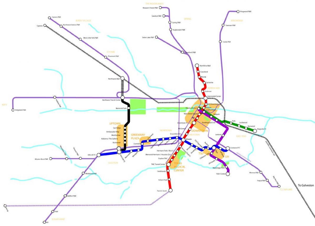metro železnica Houston zemljevid